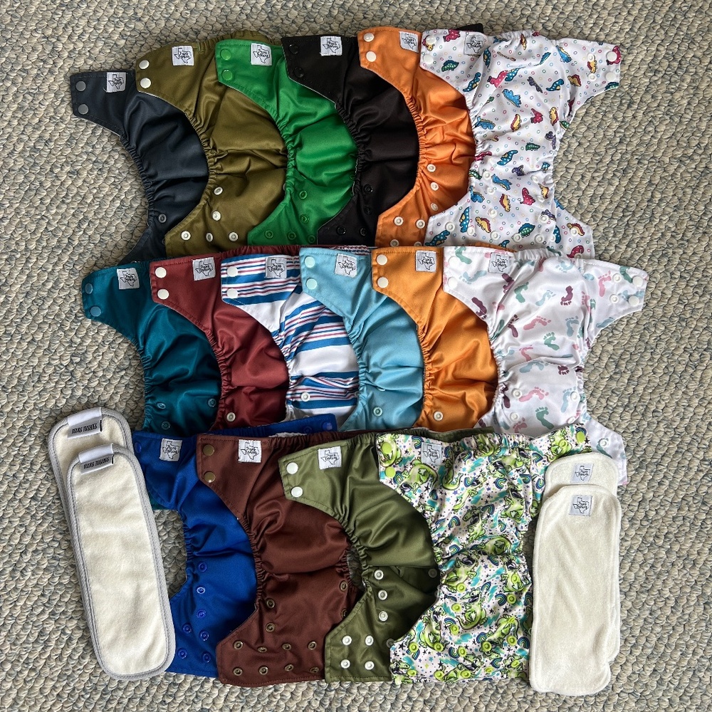 16 Texas Tushies Cloth Diapers & 4 Diaper Inserts